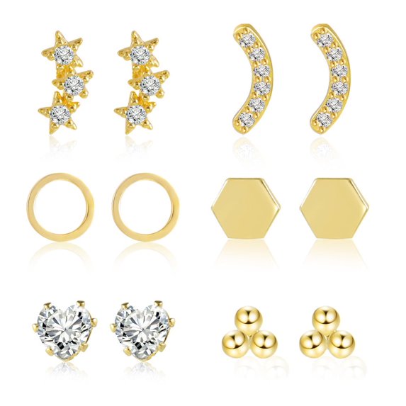 Lancharmed Gold Plated Cute Earrings,6 Pairs of Stud Hexagonal Zircon Heart Round Ball Pentagrams Earring Gifts Women