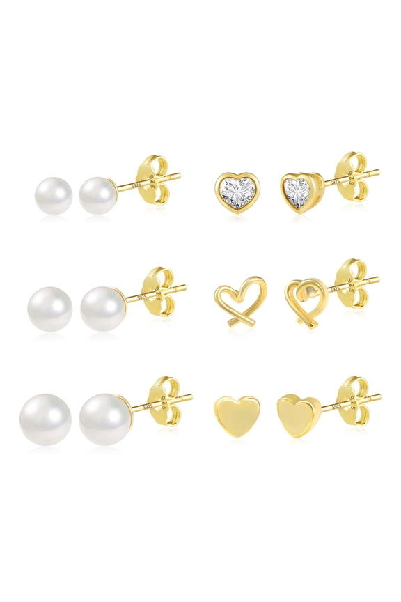 Gold Plated Cute Earrings,Pearl Heart Smooth Stud 6 Pairs Earring Women Gifts for Birthday