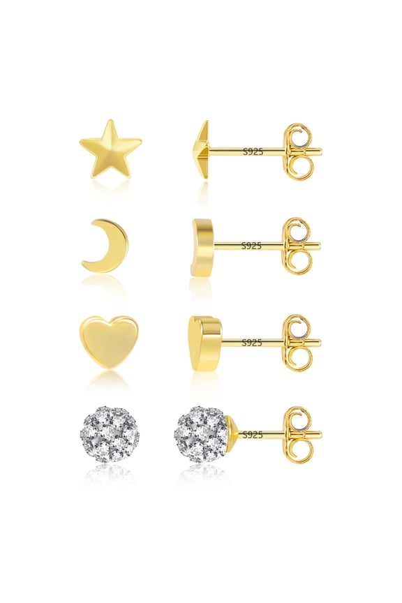 Gold Plated Earrings for Mother,Stud 4 Pairs Moon Zircon Round Balls Love Pentagrams Earring Sister Gifts form Sisters