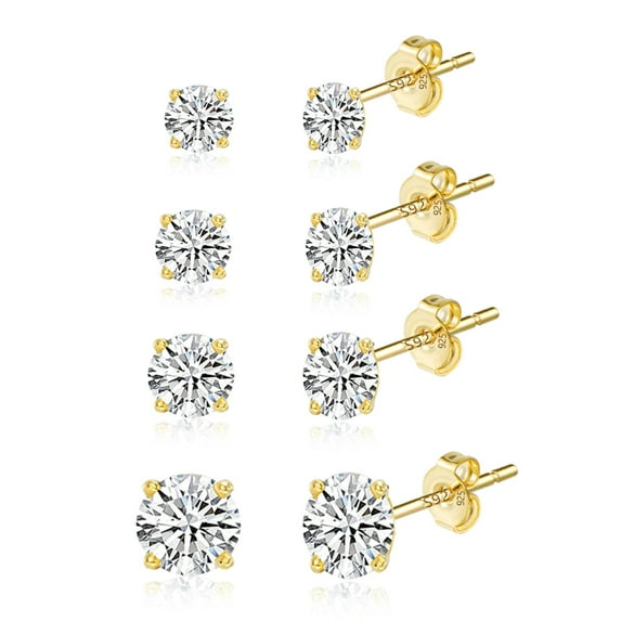 Lancharmed Gold Plated Earrings for Womens,4 Pairs 4 Claw Zircon Stud 3 4 5 6Mm Earring Gift for Grandma