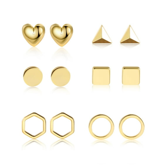 Lancharmed Gold Plated Hypoallergenic Earrings for Womens,6 Pairs Love Hexagon Round Triangle Squares Earring Gift for Sister