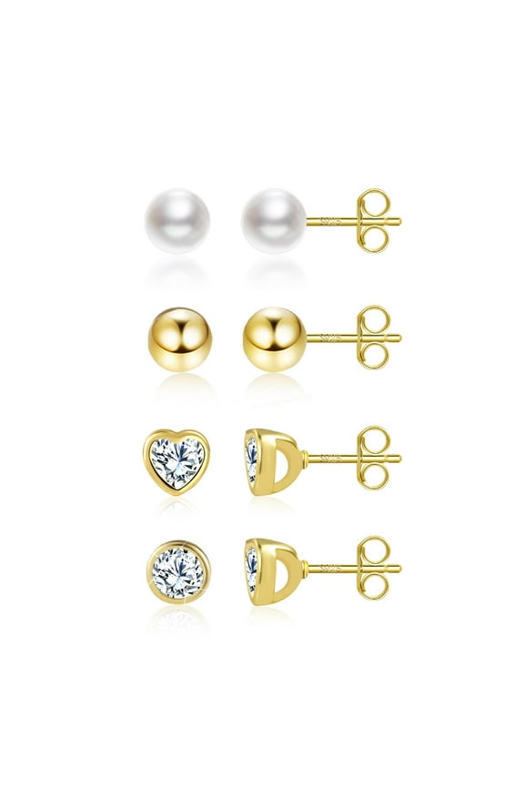 Gold Plated Stud Earrings,4 Pairs of Studs Pearl Zircon Heart Earring Jewelry Gift