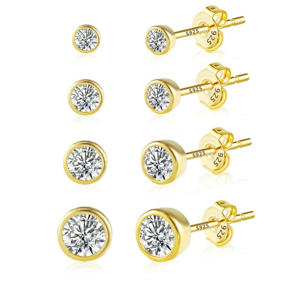 Lancharmed Gold Plated Women's Earrings,4 Pairs Zirconia Stud 3 4 5 6Mm Earring Valentine Gifts for Her