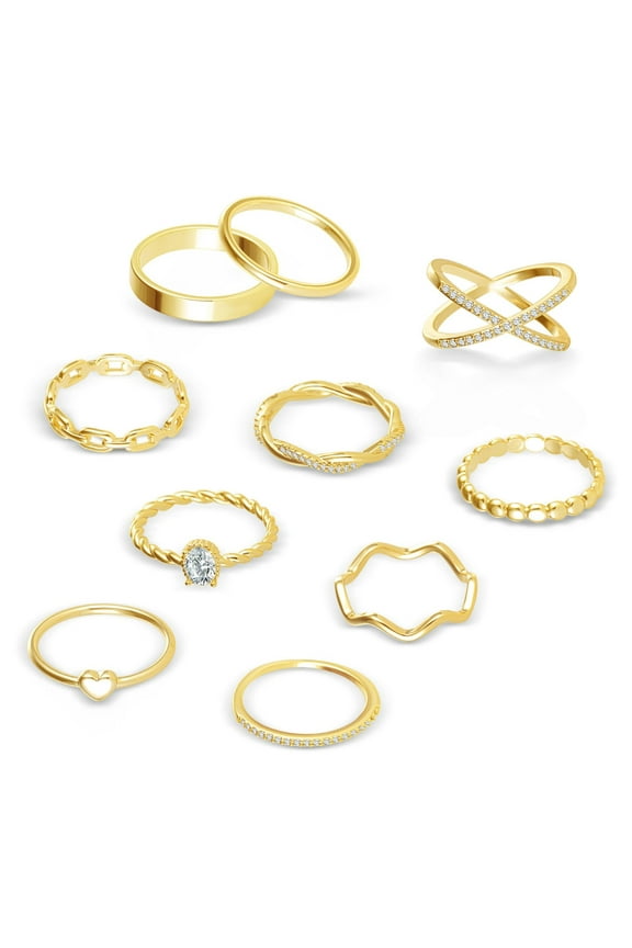 Ring Set 14K Gold Plated Rings 10Pcs Size 7 Anniversary Gift for Couple