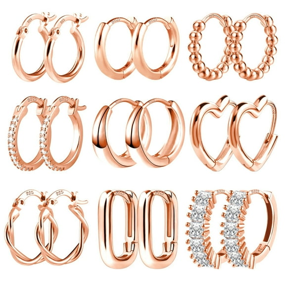 Lancharmed Rose Gold Plated Stud Earrings,9 Pairs of Zircon Gradient Circle Love U Shape Earring Friend Gifts for Women