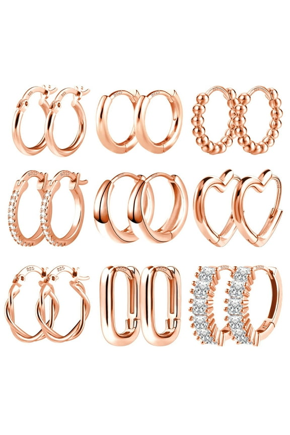 Rose Gold Plated Stud Earrings,9 Pairs of Zircon Gradient Circle Love U Shape Earring Friend Gifts for Women