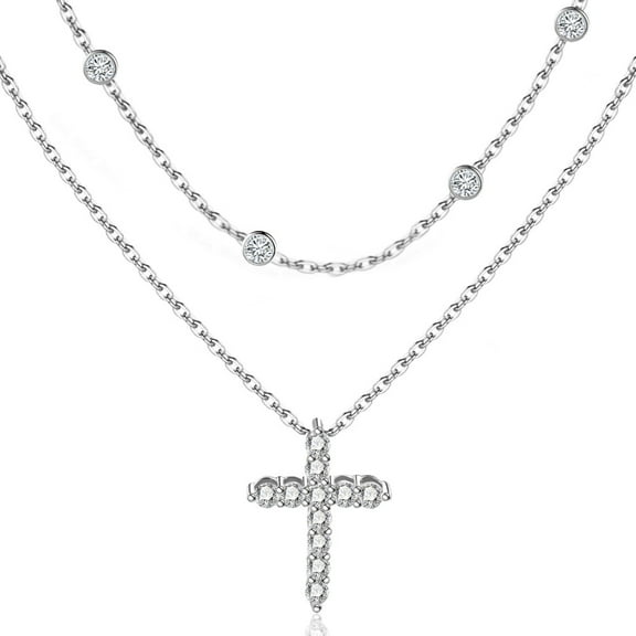 Lancharmed Silver Plated Cross Necklace for Men Double Zirconia Cross Mens Gifts