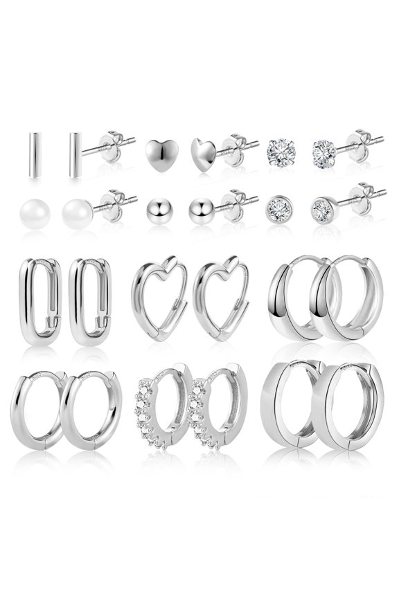 Silver Plated Earrings Studs,12 Pairs of Four Pronged Zircon Pearl Heart Circles Earring Women Birthday Gifts 2025