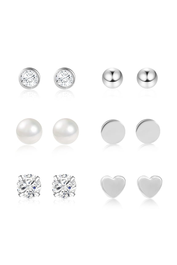 Silver Plated Earrings Studs,6 Pairs of Stud Pearl Four Claw Zircon Round Hearts Earring Wedding Gifts
