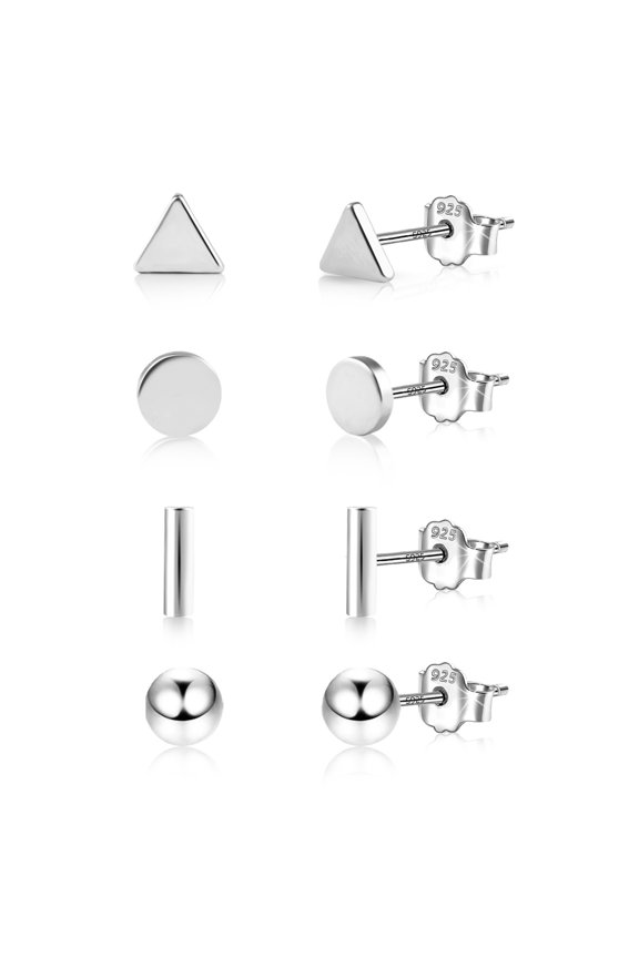 Silver Plated Hypoallergenic Earrings,4 Pairs Triangle Round Rectangle Spheres Earring Womens Gifts Under 25 Dollars