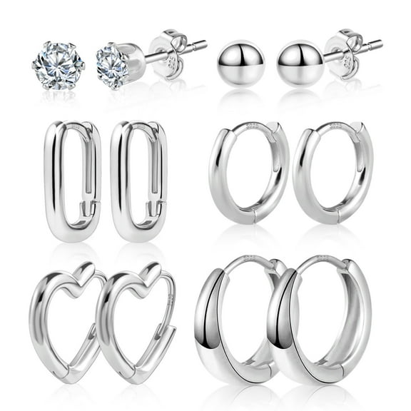 Lancharmed Silver Plated Hypoallergenic Earrings for Womens,6 Pairs Six Claw Zircon U Shaped Round Hearts Earring Mom Gift