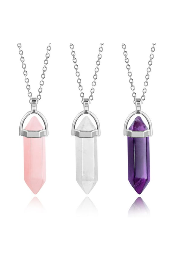 Silver Plated Necklace for Mom Natural Stone Hexagonal Pillar White Crystal Pink Purple Crystal 3 Necklace Valentines Gift