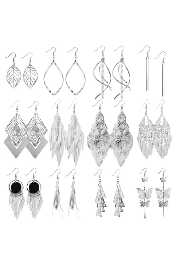 Silver Plated Stud Earrings,12 Pairs Butterfly Triangle Rectangle Double Rhombic Tassel Eyes Leaf Drops Earring for Women Bride Gifts