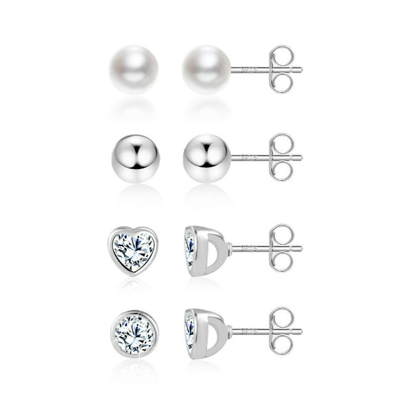 Lancharmed Silver Plated Stud Earrings for Womens,4 Pairs of Studs Pearl Zircon Heart Earring Birthday Gifts for Sister