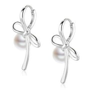 LANCHARMED Silver Plated Stud Earrings for Womens,Bow Tie Pearls Earring Gifts for Teen