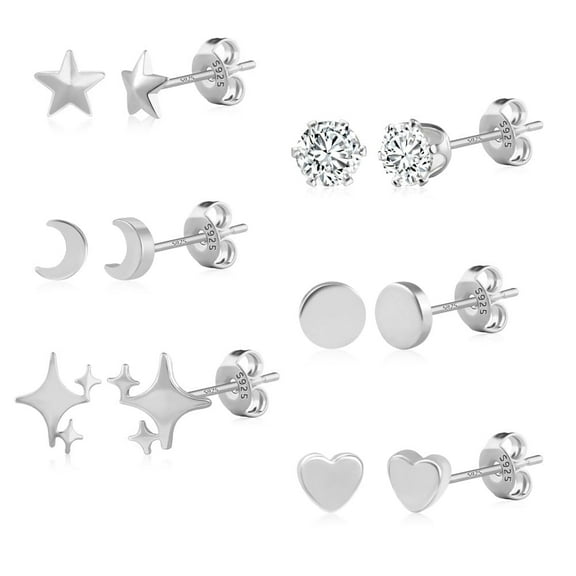 Lancharmed Silver Plated Women's Earrings,6 Pairs Moon And Star Six Claw Round Zirconia Love Heart Stud Earring Womens Gifts