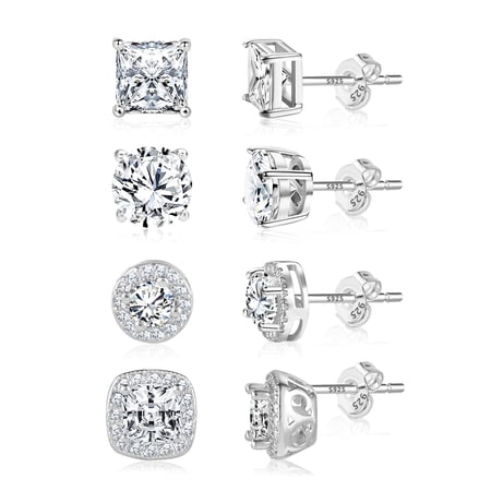 ?Lancharmed White Gold Plated Cubic Zirconia Studs Earrings Set 4-Pairs (8mm Round/10mm Square) with 8 Hypoallergenic Backs Jewelry for Women