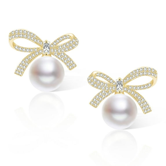 Lancharmed White Gold Plated Cute Earrings,Zircon Ribbon Pearl Earring Gift for Him