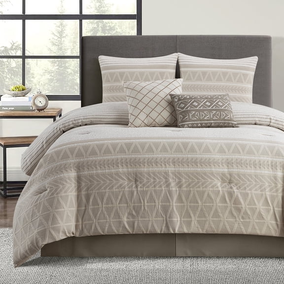 Lanco 100% Cotton King Size Comforter Set , 6 Piece , Beige Geometric Jacquard Bedding Set