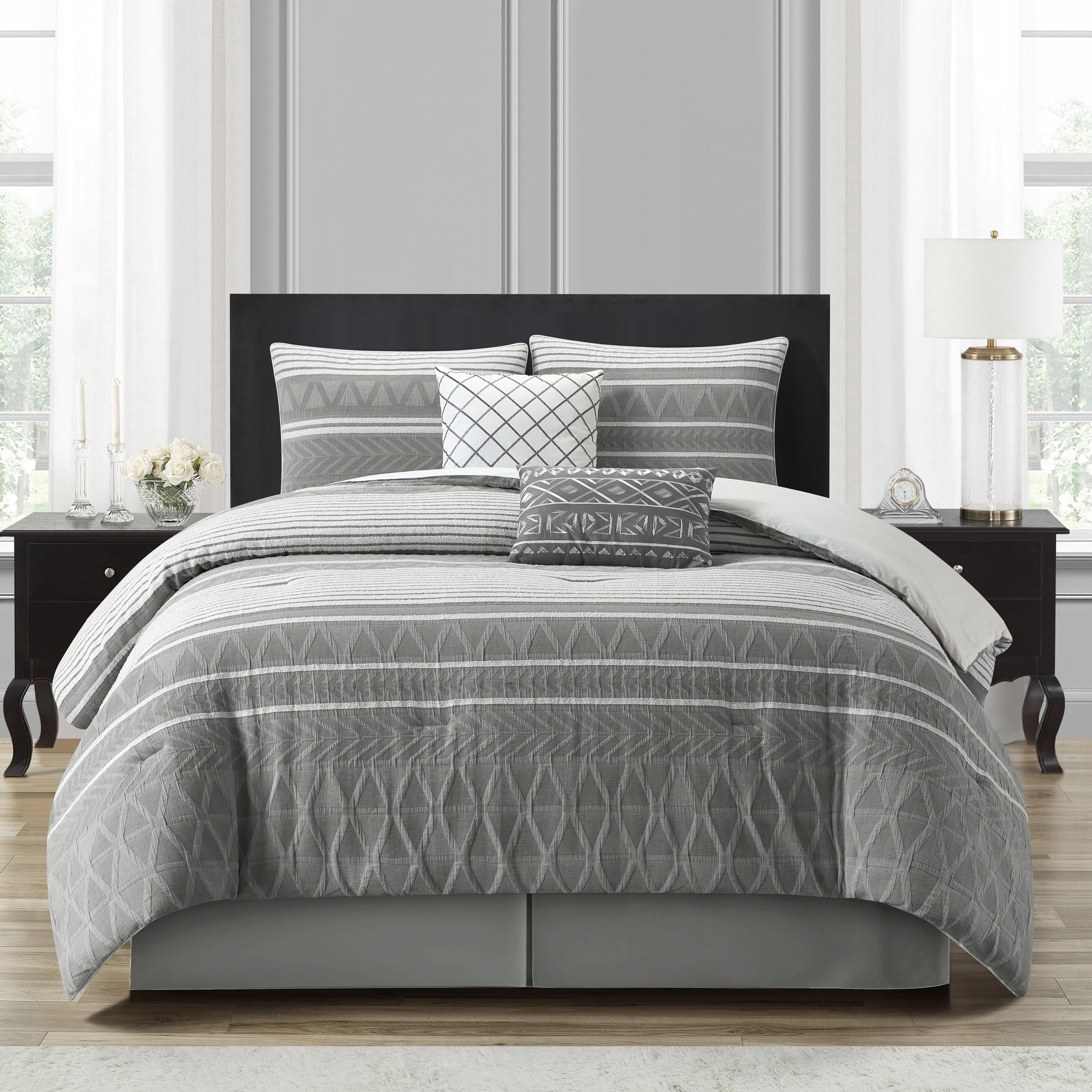 Grand Avenue Grey Geometric Cotton King Comforter Set, 6 Piece