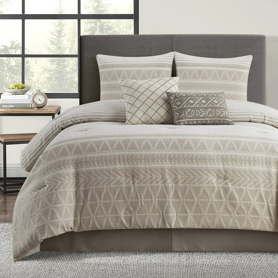 Lanco 100% Cotton Queen Size Comforter Set , 6 Piece , Beige Geometric Jacquard Bedding Set