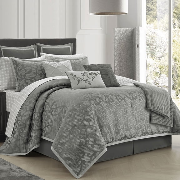 Lanco 14 Piece Grey Comforter Set, King Size Jacquard Bedding Set, All Season Paisley Bedding Set, Matching Pillows , Shams , Bed Skirt