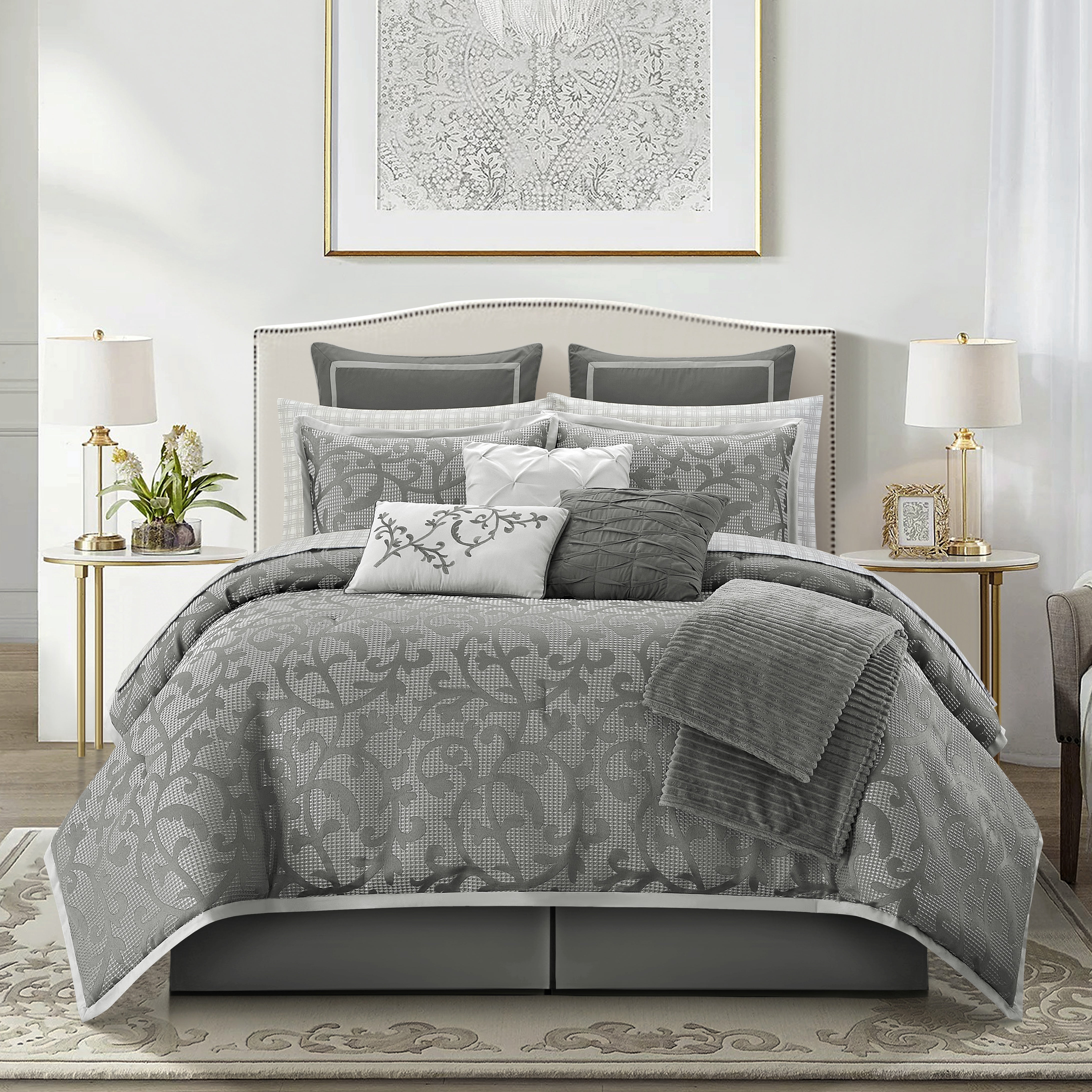Lanco 14 Piece Grey Comforter Set, Queen Size Jacquard Bedding Set, All ...