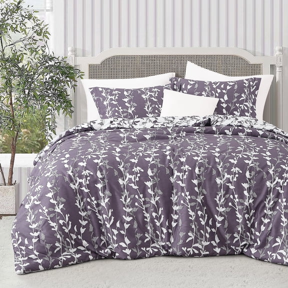 Lanco 2 Piece Grayish Purple Comforter Set, Twin Size Solid Microfiber Print Bedding Set, All Season Leaves Bedding