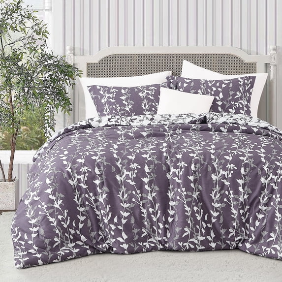 Lanco 3 Piece Grayish Purple Comforter Set, Full Size Solid Microfiber Print Bedding Set, All Season Leaves Bedding