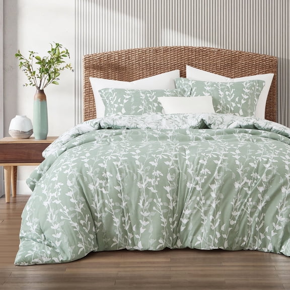 Lanco 3 Piece Sage Green Comforter Set, Full Size Solid Microfiber Print Bedding Set, All Season Leaves Bedding