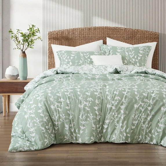 Lanco 3 Piece Sage Green Comforter Set, Queen Size Solid Microfiber Print Bedding Set, All Season Leaves Bedding