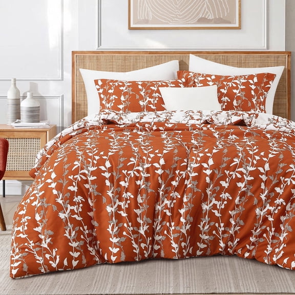 Lanco 3 Piece Terracotta Comforter Set, Queen Size Solid Microfiber Print Bedding Set, All Season Leaves Bedding
