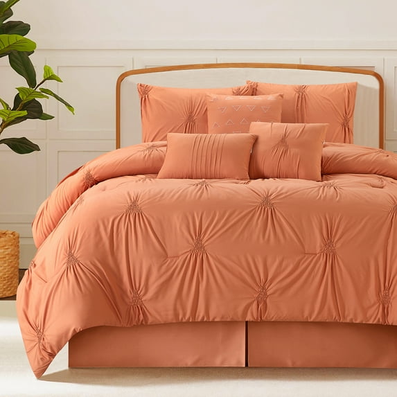 Lanco 7 Piece Apricot Comforter Set Queen Size, Elastic Embroidery Bedding Set, Solid Color, Home Decor, Matching Bedskirt, Pillows & Shams