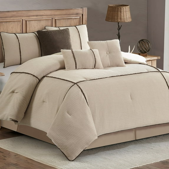 Lanco 7 Piece Beige Comforter Set , California King Size Corduroy Peicework Bedding , All Season Bedding Set , Bed Skirt, Pillows & Shams
