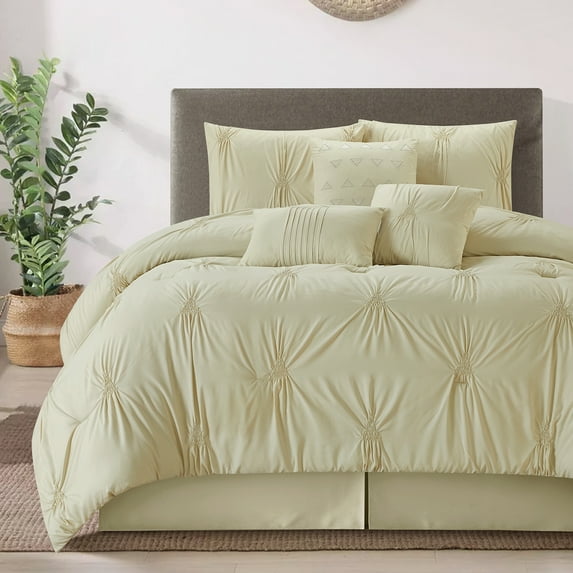 Lanco 7 Piece Beige Comforter Set California King Size, Elastic Embroidery Bedding Set, Solid Color, Home Decor, Matching Bedskirt, Pillows & Shams