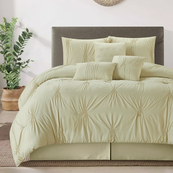 Lanco 7 Piece Beige Comforter Set King Size, Elastic Embroidery Bedding Set, Solid Color, Home Decor, Matching Bedskirt, Pillows & Shams