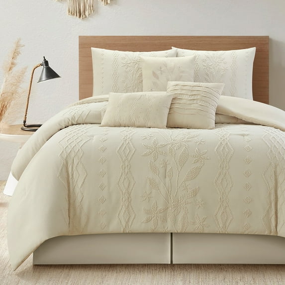 Lanco 7 Piece Beige Comforter Set, King Size Jacquard Bedding Set, All Season Geometric&Leaves Bedding Set, Matching Pillows , Shams , Bed Skirt