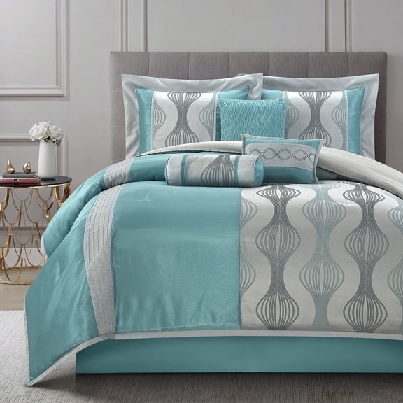 Lanco 7 Piece Blue Comforter Set, California King Size Jacquard Bedding Set, All Season Geometric Patchwork Bedding Set, Matching Pillows , Shams , Bed Skirt
