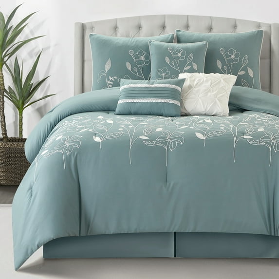 Lanco 7 Piece Blue Comforter Set, Queen Size Chain Stiching Embroidery Bedding, All Season Floral Leaves Bedding Set, Bed Skirt, Pillows & Shams