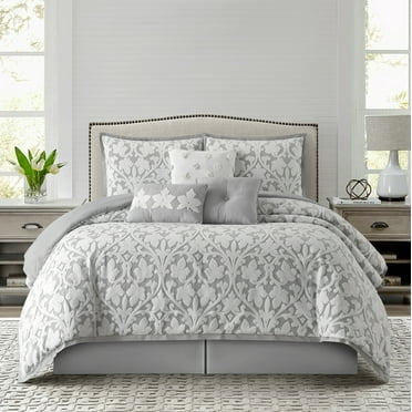 Lanco 7 Piece Floral Comforter Set, Color White Grey, Queen Size, Jacquard Bedding Set with Bedskirt, Pillows & Shams