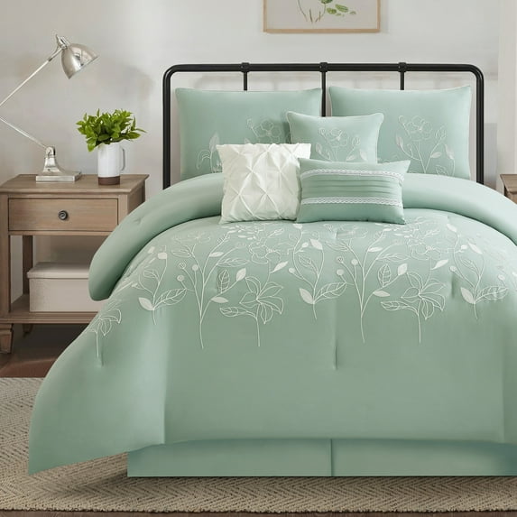 Lanco 7 Piece Green Comforter Set , California King Size Chain Stiching Embroidery Bedding , All Season Floral Leaves Bedding Set , Bed Skirt, Pillows & Shams