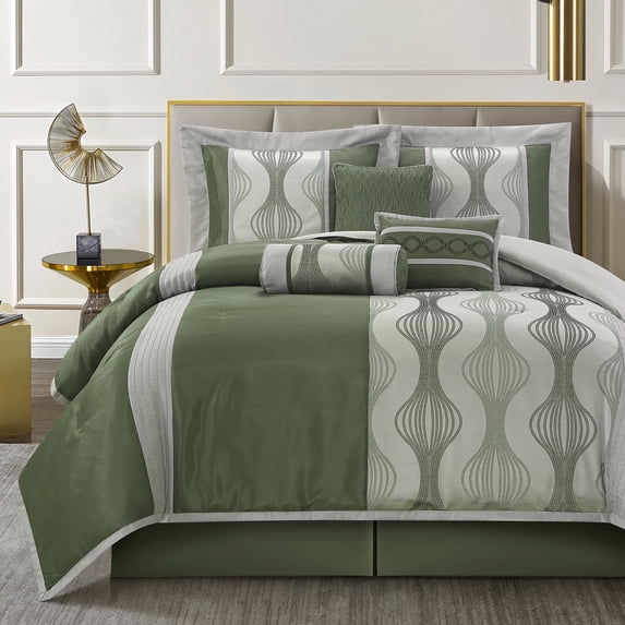 Lanco 7 Piece Green Comforter Set, California King Size Jacquard Bedding Set, All Season Geometric Patchwork Bedding Set, Matching Pillows , Shams , Bed Skirt