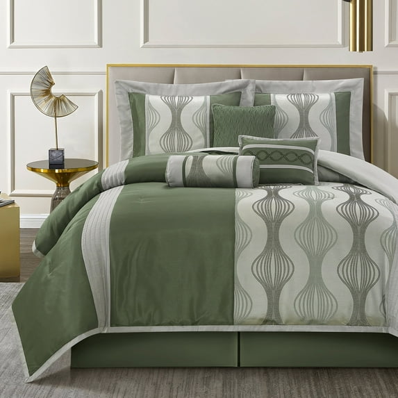 Lanco 7 Piece Green Comforter Set, King Size Jacquard Bedding Set, All Season Geometric Patchwork Bedding Set, Matching Pillows , Shams , Bed Skirt