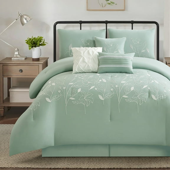 Lanco 7 Piece Green Comforter Set , Queen Size Chain Stiching Embroidery Bedding , All Season Floral Leaves Bedding Set , Bed Skirt, Pillows & Shams