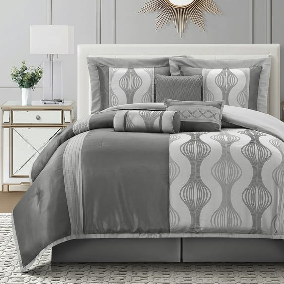 Lanco 7 Piece Grey Comforter Set, Queen Size Jacquard Bedding Set, All Season Geometric Patchwork Bedding Set, Matching Pillows , Shams , Bed Skirt