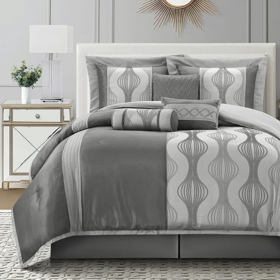 Lanco 7 Piece Grey Comforter Set, Queen Size Jacquard Bedding Set, All Season Geometric Patchwork Bedding Set, Matching Pillows , Shams , Bed Skirt