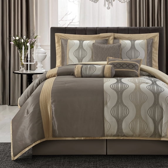 Lanco 7 Piece Grey Gold Comforter Set, King Size Jacquard Bedding Set, All Season Geometric Patchwork Bedding Set, Matching Pillows , Shams , Bed Skirt