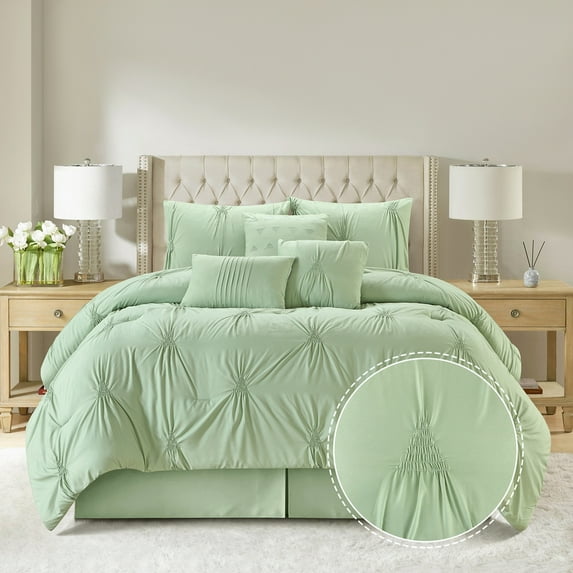 Lanco 7 Piece Matcha Comforter Set Queen Size, Elastic Embroidery Bedding Set, Solid Color, Home Decor, Matching Bedskirt, Pillows & Shams