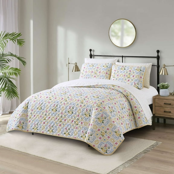 Lanco 7 Piece Quilt Set Queen Size , Microfiber Print , Floral Lightweight Bedspread Set , Matching Pillow Sham , Fitted Sheet , Flat Sheet , Pillow Case