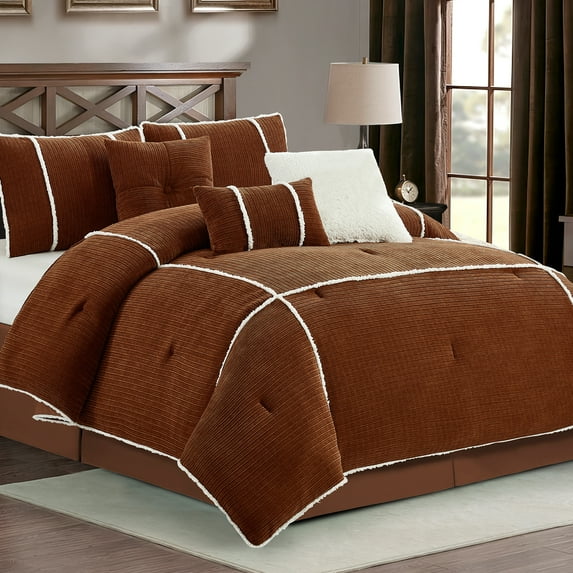 Lanco 7 Piece Rust Comforter Set , Queen Size Corduroy Peicework Bedding , All Season Bedding Set , Bed Skirt, Pillows & Shams